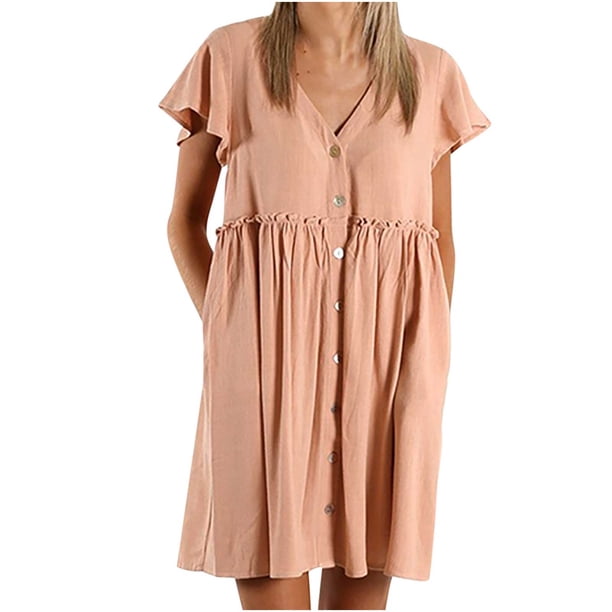 Falda oscilante de moda de verano para mujer Falda suelta de manga corta con orejas de madera de cintura alta con botones y cuello en V de color sólido Fridja bnh3652