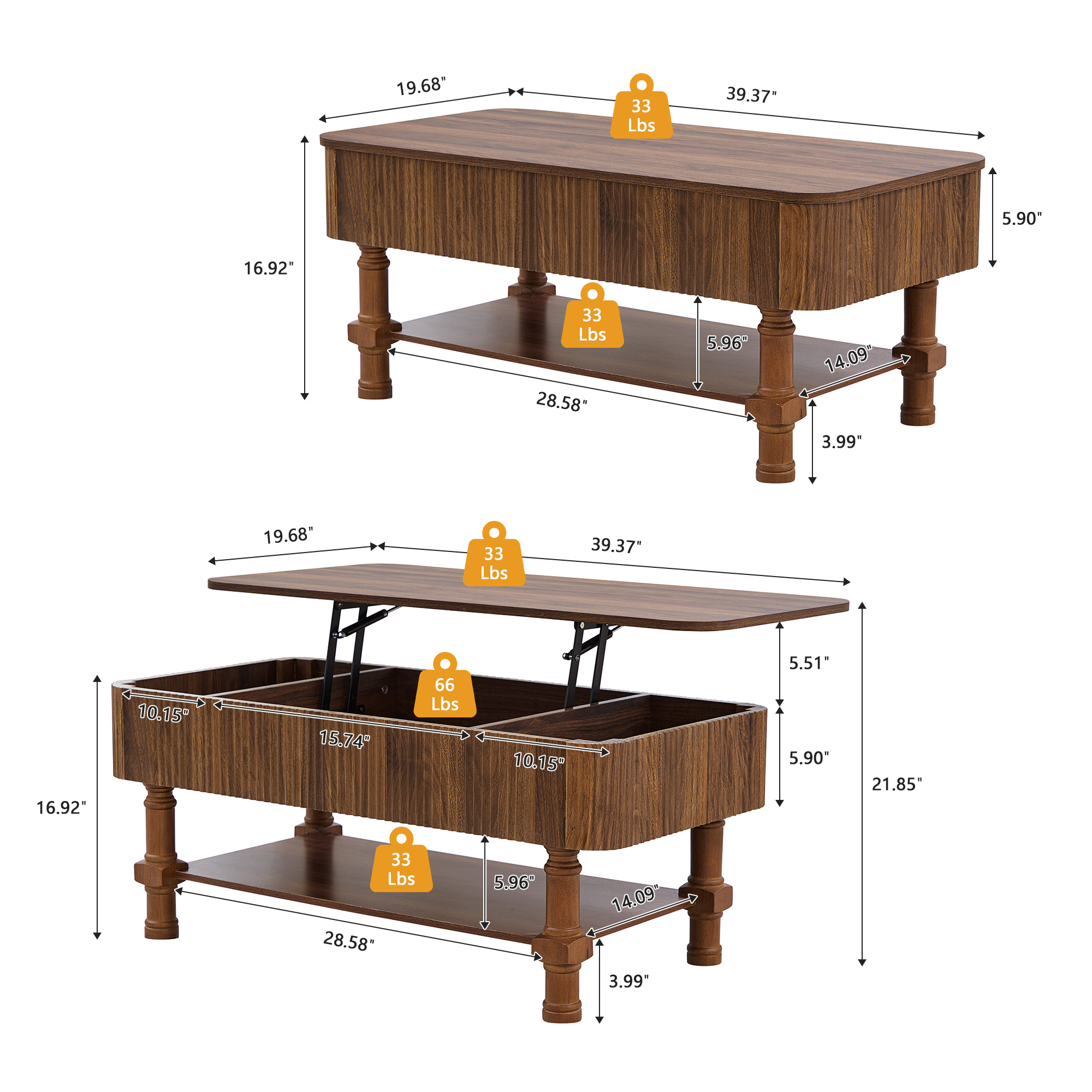 YOCWO Wood Roman Column Lift Top Coffee Table with Storage, Fluted Rectangle Coffee Table with Hidden Compartments for Living Room, Walnut