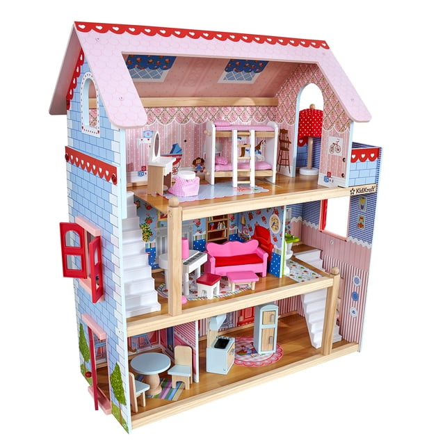 KidKraft Chelsea Doll Cottage Casa de muñecas de madera con 16 accesorios, contraventanas que funcionan, para muñecas de 5 pulgadas