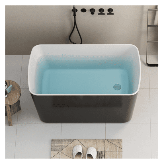 49'' Acrylic Freestanding Soaking Bathtub, Square-shape Japanese Soaking Hot Tub with Overflow and Drain, Glossy Black 24A01-49B