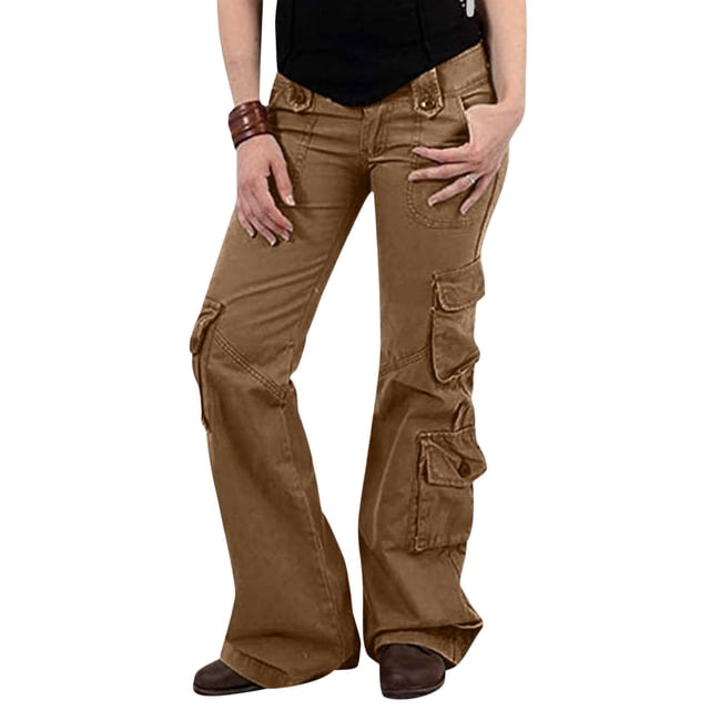ICHUANYI Clearance Women Ladies Solid Pants Hippie Punk Trousers Streetwear Jogger Pocket Loose Overalls Long Pants(Brown, XXL) ICHUANYI WER2023080812974