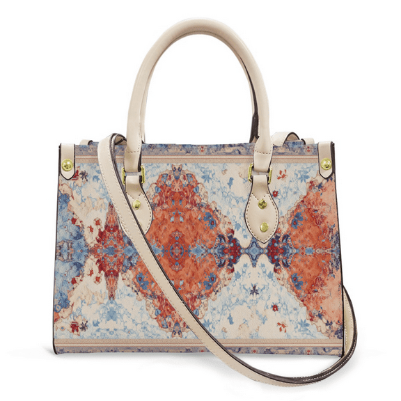 Purse Tote Bag for Women Leather Handbag, Satchel Shoulder Crossbody Top Handle Bags for Work Travel, BOHO Ornate blue red cream, WHITE