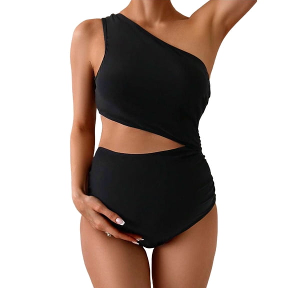 QSAWXQZ Women's One Shoulder Maternity Swimsuit Cutout Asymmetric Sleeveless One Piece Pregnancy Bathing Suit Modern Beachwear L