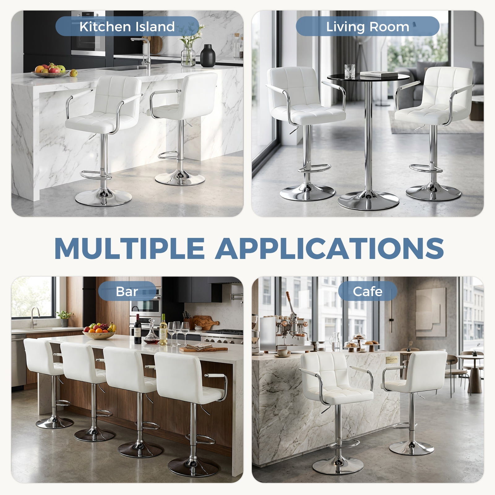 edx Bar Stools Set of 2 with PU Leather, Swivel High Back Bar Stools with Handles for Kitchen Island, White