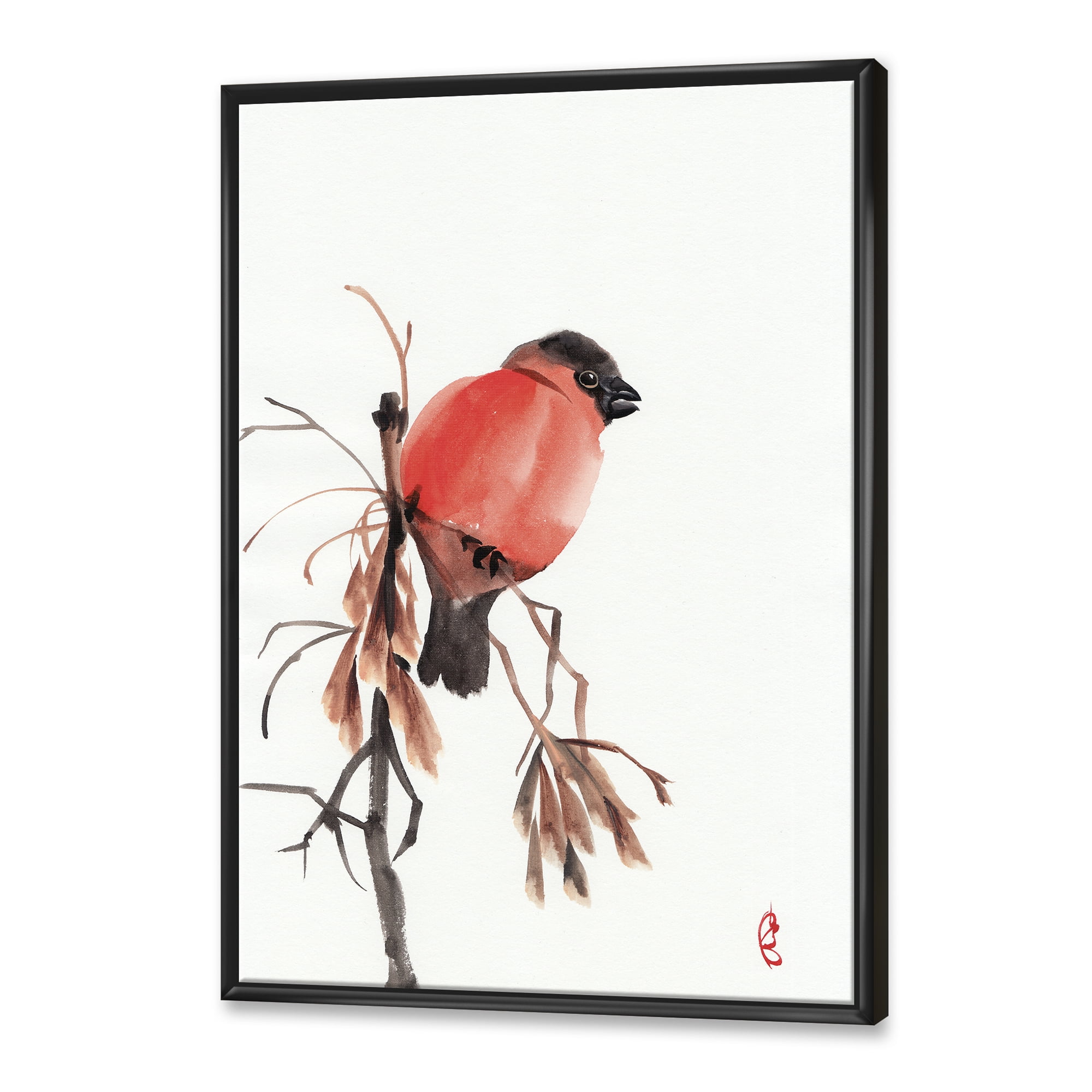 Designart 'Red Bullfinch Bird Sitting On A Branch' Traditional Framed Canvas Wall Art Print