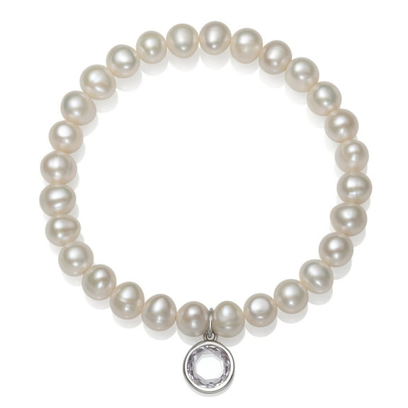 Cultured Freshwater Pearl and April Birthstone Cz Charm Bracelet, 7.5"