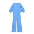 thumbnail image 5 of Womens Casual Two-Piece Outfit V-Neck Long Sleeve Top High Waist Straight Leg Pants with Pockets Cotton Linen Set Light Blue XL(XL), 5 of 6