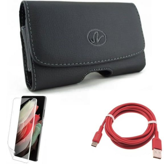 6ft USB-C Cable w Matte Screen Protector w Case Belt Clip for Samsung Galaxy S21 Plus - Red Charger Cord, TPU Film Anti-Glare, Leather Swivel Accessory Bundle