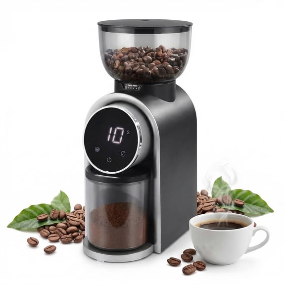 Electric Coffee Grinder LHKLUK, 25 Grind Settings, Timer & Cup Dual Modes, Touch Screen, Stainless Steel Conical Burr, Plastic Body, 250g Capacity, for Home & Commercial Use, Black