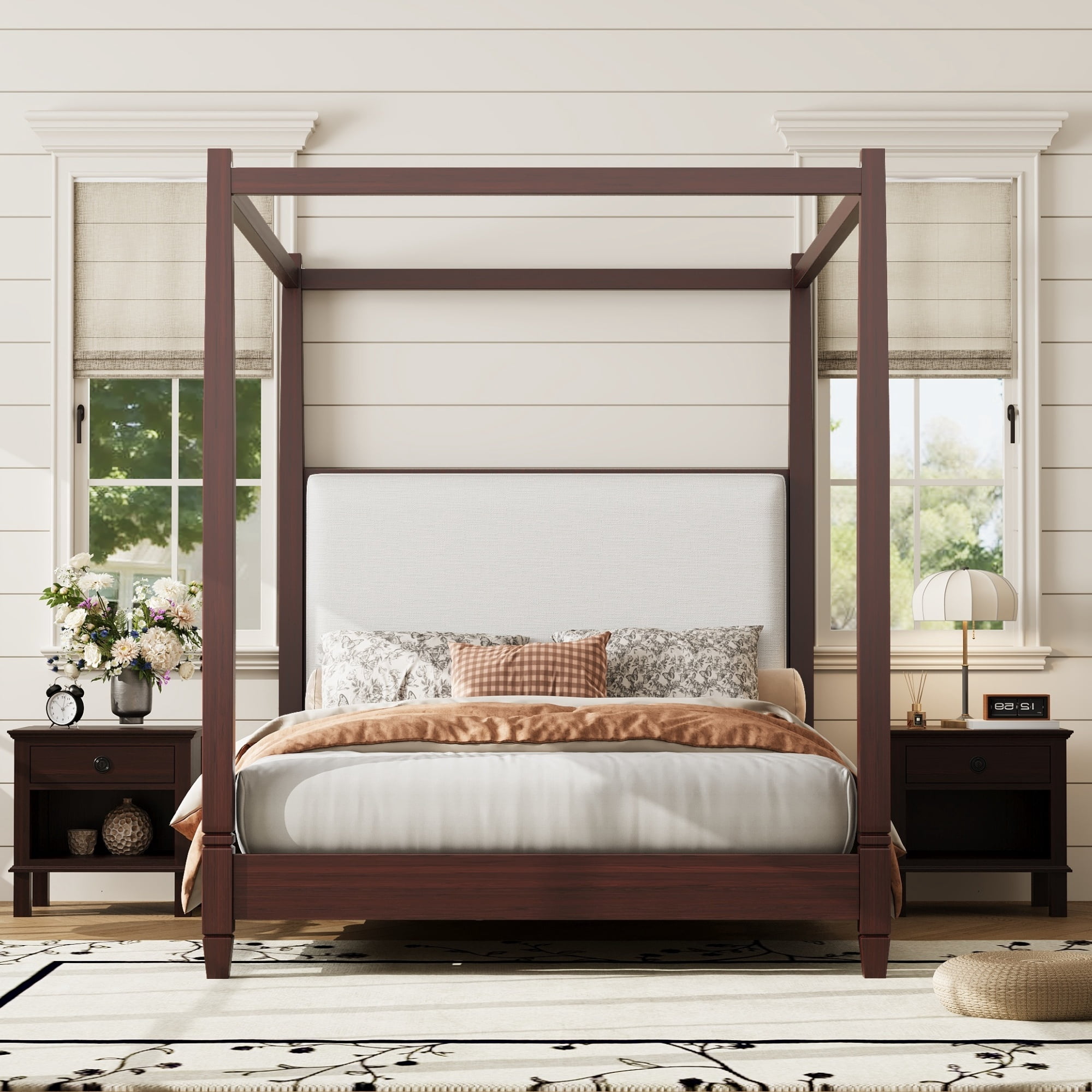 Euroco Wood Queen Size Canopy Platform Bed with Upholstery Headboard, Espresso