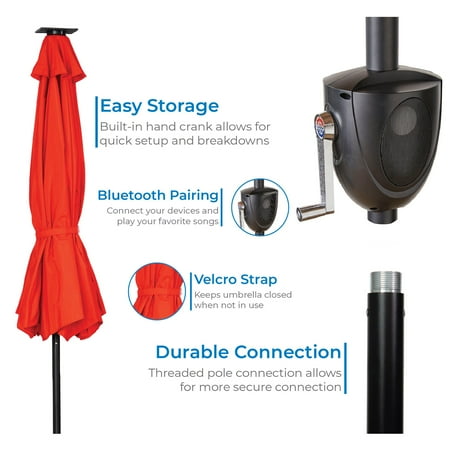 Sun Ray - 9' Round 8Rib Aluminum Bluetooth Solar Lighted Umbrella - Grey