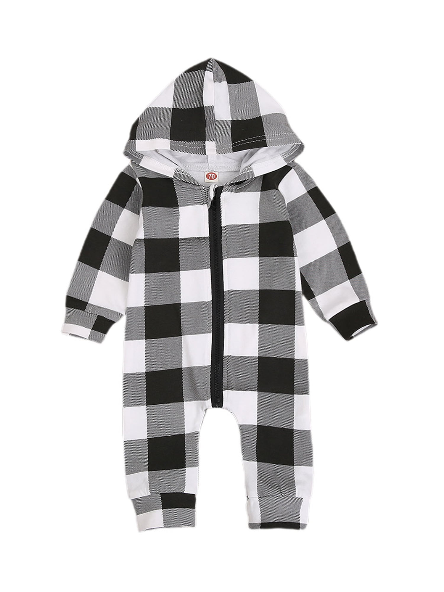 Old Navy Baby Boy 3-6 Months Buffalo Check Hooded Romper Plaid Coverall Red 