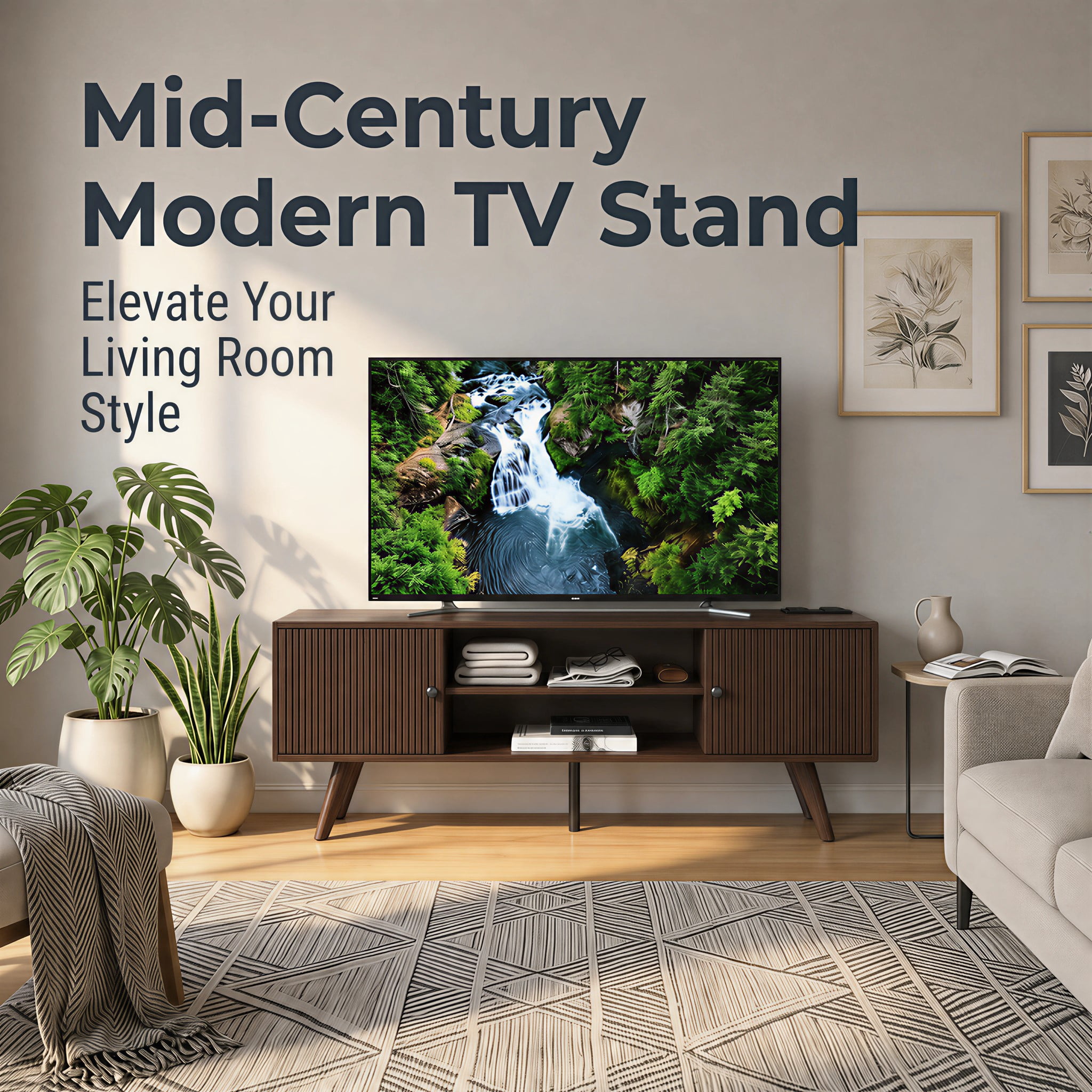 Manxile Mid Century Modern TV Console for Living Room Bedroom, Wood Entertainment Center with Storage and Shelves, Walnut