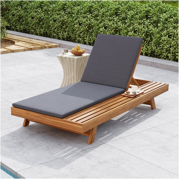 JERFIT Outdoor Adjustable Chaise Lounge Chair with Cushion, Acacia Wood Chaise Lounger for Patio Poolside, 4-Position Recliner, Water-Resistant (Dark Gray/Teak)