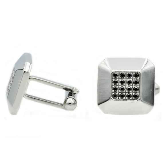 Mens Stainless Steel Cuff Links With Black Cubic Zirconia