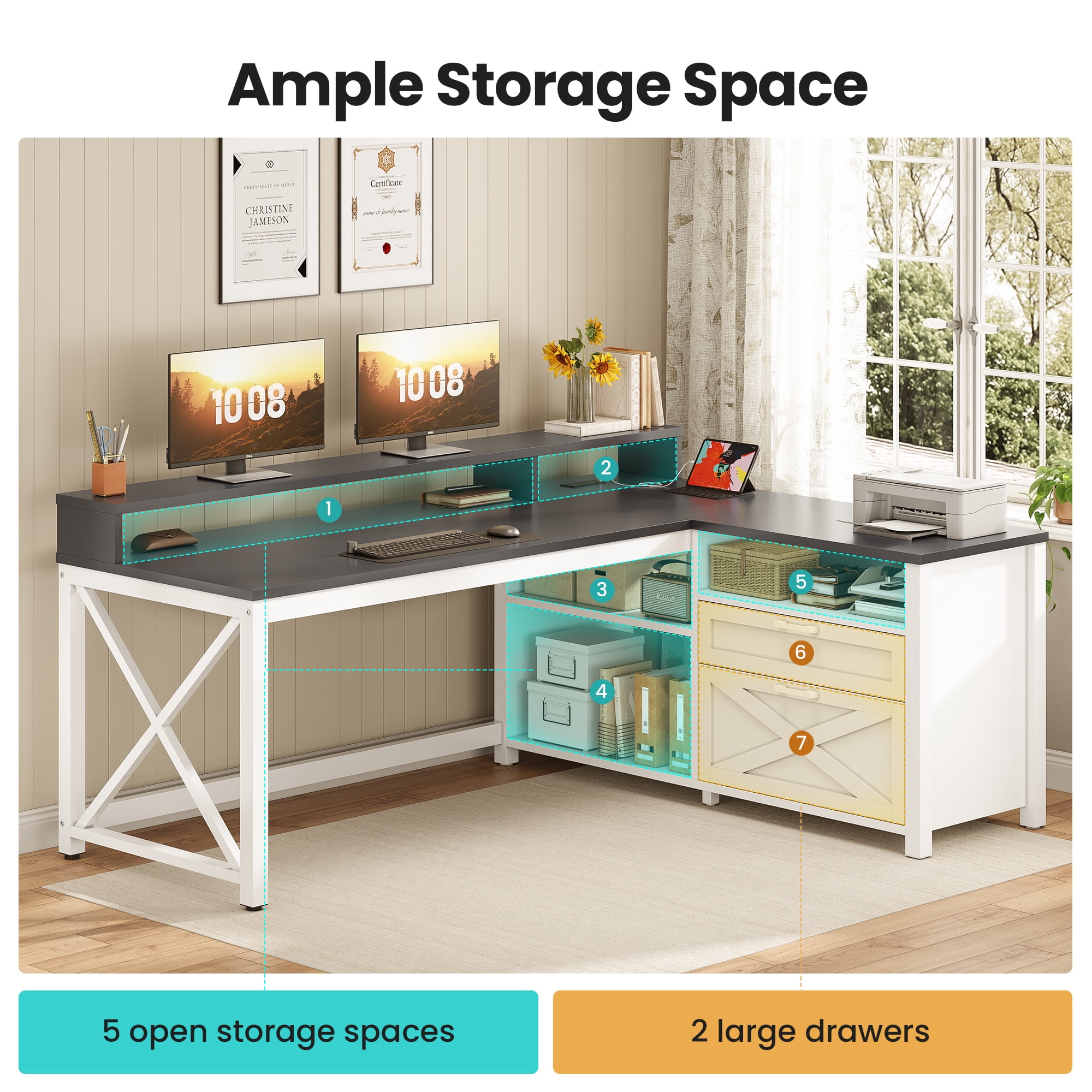 Farmhouse L Shaped Computer Desk with Drawers and Storage Shelves, 55" L Shaped Gaming Desk with LED Lights, Home Office Desk