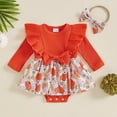 thumbnail image 2 of Ulanda Newborn Baby Girl Halloween Outfit Ruffle Long Sleeve Pumpkin Print Ribbed Romper Dress Headband 2Pcs Set (Orange, 0-3 Months), 2 of 8