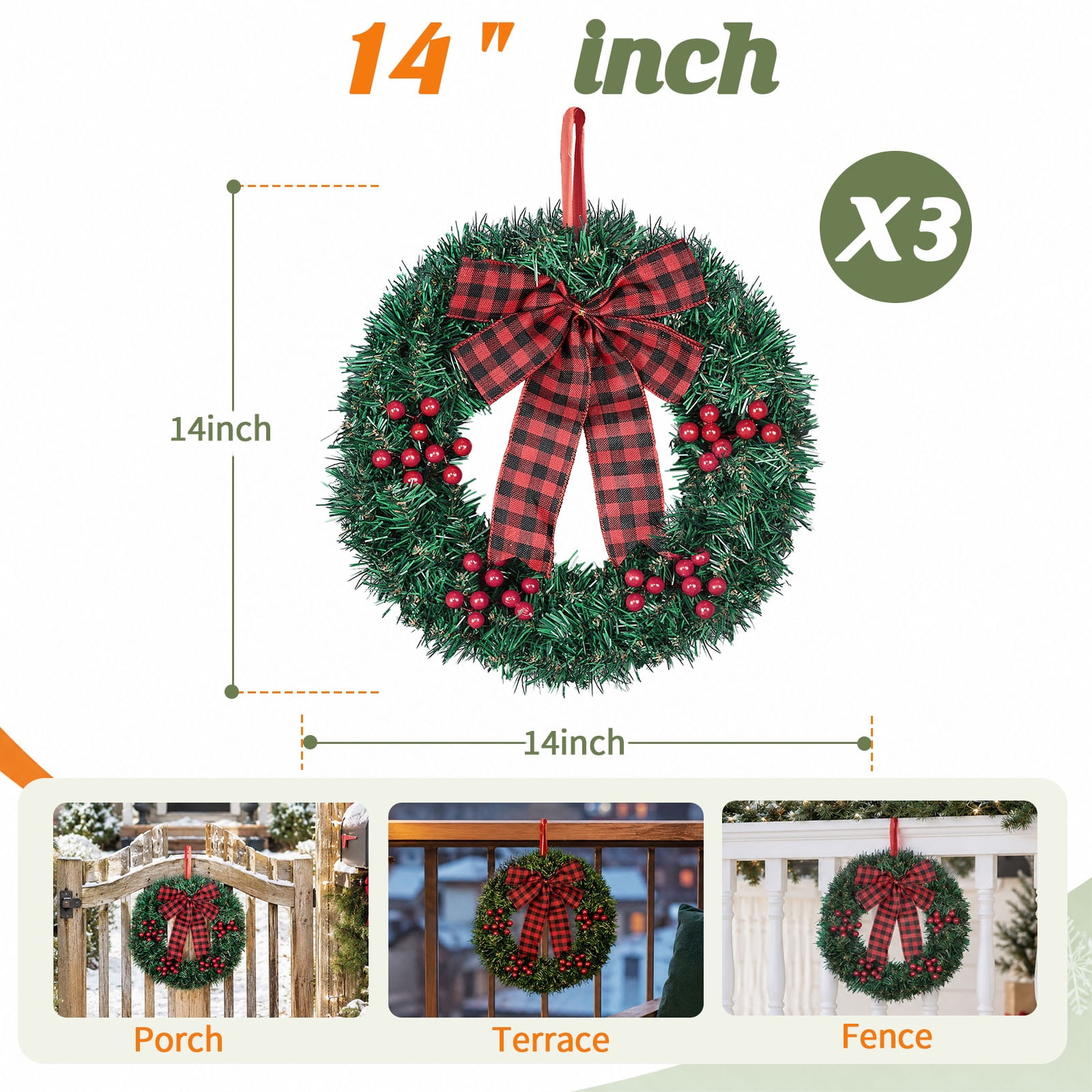 Astoutdoor Set of 3 Solar Christmas Wreaths, 14 in, 210 PVC Tips, 60 Warm White LEDs, 8 Modes, Ground Stake, White