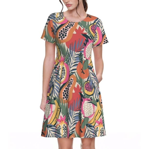 Balery Tropical Fruit Vestidos sueltos de manga corta para mujer, vestidos de verano 2025, vestidos casuales de corte A con vuelo.