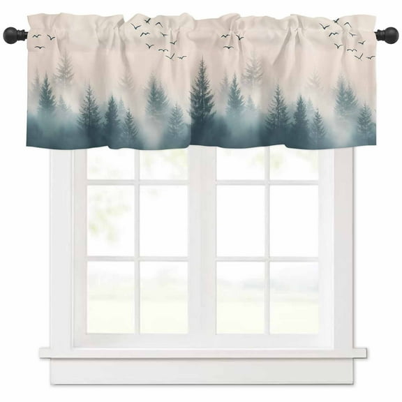 nqOlkjepod Foggy Forest Farmhouse Short Window Curtain Valances, Watercolor Pine Trees Natural Landscape Rod Pocket Kitchen Valances for Living Room Bedroom Bathroom Cafe, 1 Panel - 42" x 12"