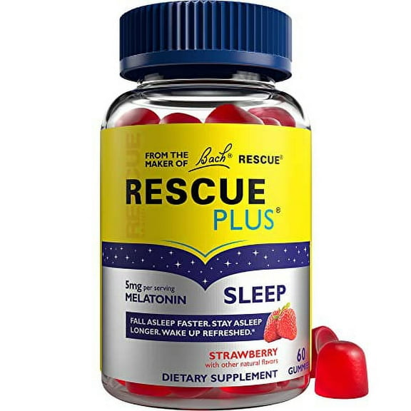 Bach RESCUE PLUS Melatonin Sleep Gummies, Natural Strawberry Flavor, Sleep Aid, Dietary Supplement, Vegan, Gluten-Free, No Artificial Flavors, Colors, 60 Count
