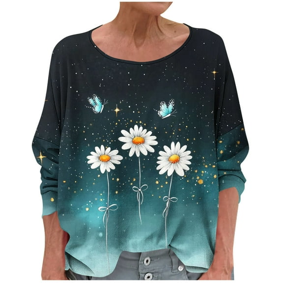 Women's T-Shirts Linen 3/4 Sleeve Crewneck Floral Printed Casual Dressy Loose Comfy Tunic Tops
