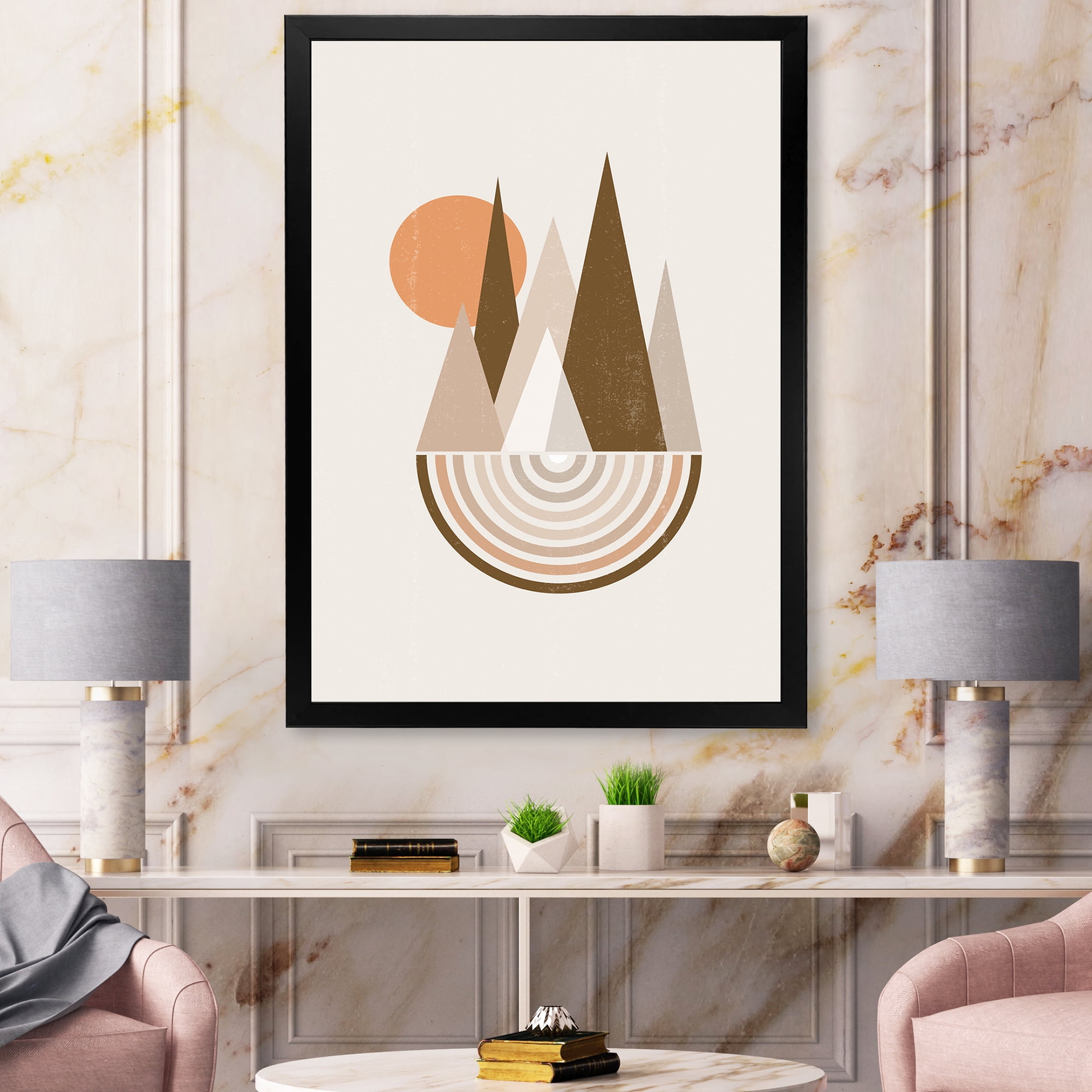 Designart 'Minimalistic Red Full moon Landscape With Mountain' Modern Framed Art Print