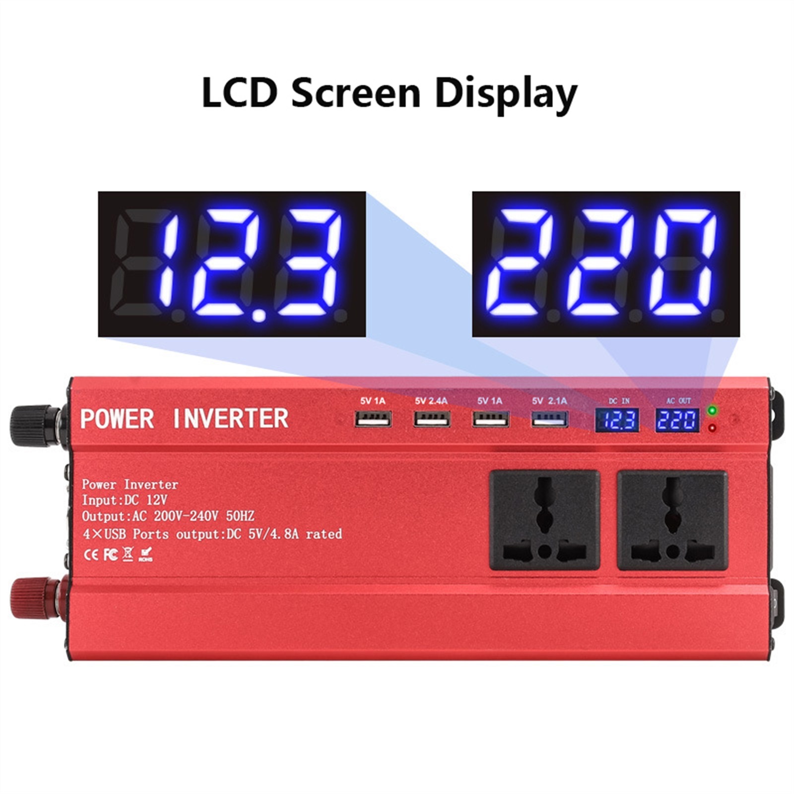 2000W 1200W Screen Display Inverter 12V to 220 Transformer 3 Socket 4 USB Car Converter Inversor Auto Adapter