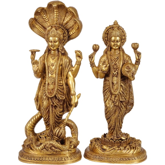17" Vishnu Standing on Sheshnag with Lakshmi Brass Idol | Divine Couple | Handcrafted
