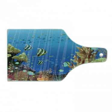 Marine Cutting Board, Majestic Universe Deep Underwater World Exotic Coral Reef with Sea Creatures Nature, Tempered Glass Cutting and Serving Board, Wine Bottle Shape, Multicolor, by Ambesonne