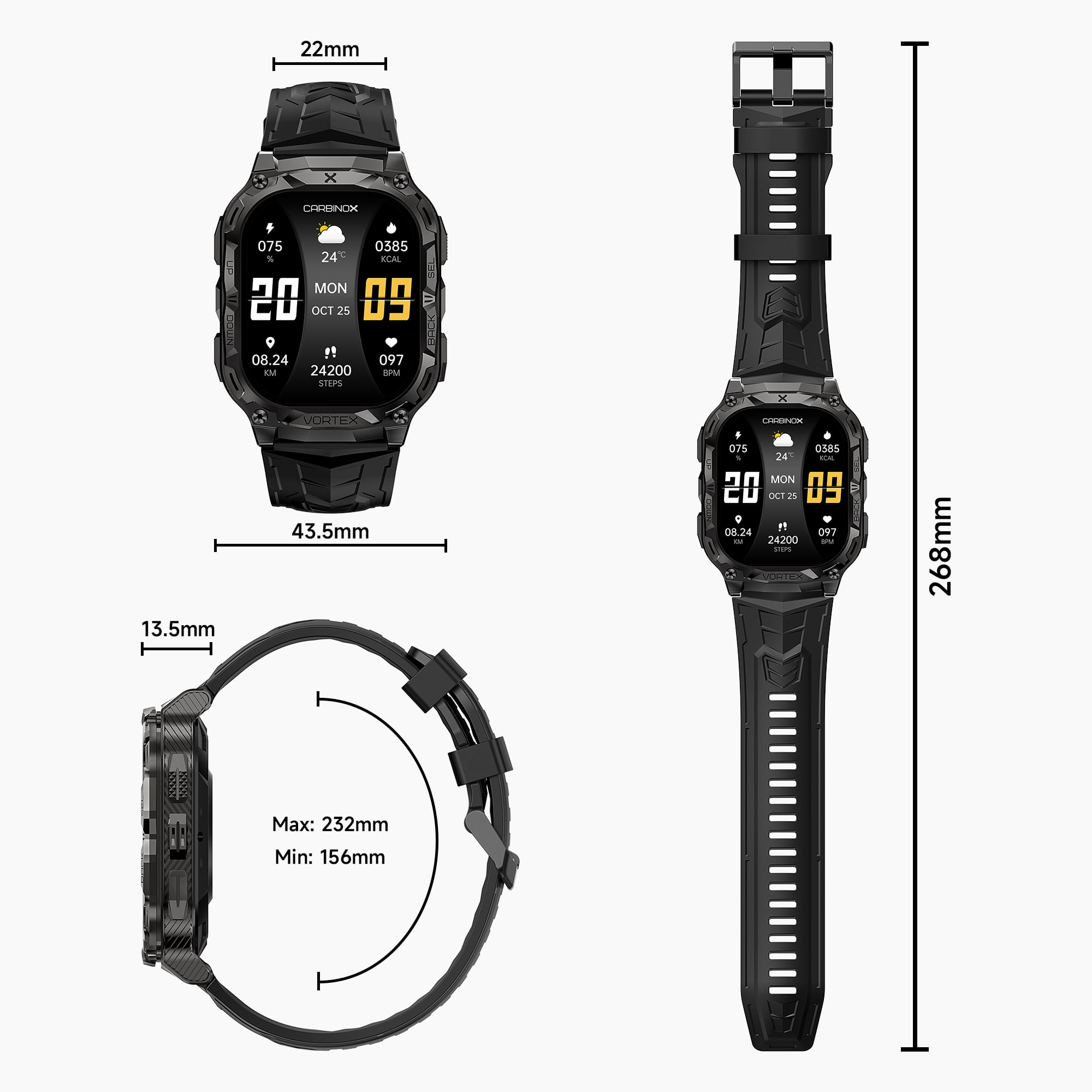 Carbinox vortex smart watch rugged fitness tracker waterproof, compatible with android and ios phone