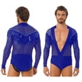 thumbnail image 3 of Traje de baile latino Samba de salón para hombre, Body con diamantes de imitación brillantes, cuello en V, malla transparente, Ropa de baile de Tango y Rumba de manga larga, 3 of 5