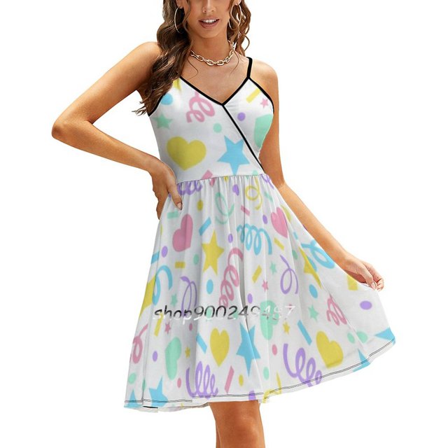 Robe Évasée Confettis Pastel Col Carré Robe Élégante Mode Féminine Imprimée Confettis Pastel Kawaii Fée Kei Goth Pastel
