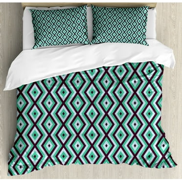Teal and White Queen Size Duvet Cover Set, Abstract Geometric Minimalists Design Retro Diamond Line, Decorative 3 Piece Bedding Set with 2 Pillow Shams, Sea Green Baby Blue Seal Brown, by Ambesonne