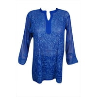 Mogul Womens Beautiful Royal Blue Floral Hand Embroidered Tunic Blouse Long Sleeves Georgette Sheer Kurti Cover Up Top Dress S
