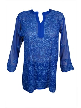 Mogul Womens Beautiful Royal Blue Floral Hand Embroidered Tunic Blouse Long Sleeves Georgette Sheer Kurti Cover Up Top Dress S