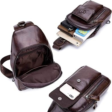 BULLCAPTAIN Genuine Leather Sling Bag for Men, Crossbody Chest Backpack with Adjustable Strap, Zipper Closure. , Coffee Brown