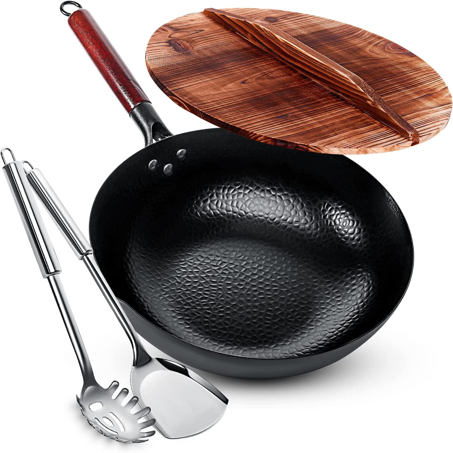 probable Sabio periscopio Homeries Carbon Steel Wok with 2 Spatulas & Wooden Lid for Electric,  Induction & Gas Stoves – Heavy Duty Stir Fry Pan - Pre-Seasoned Chinese Wok  with Flat Bottom (12" Diameter), Metal