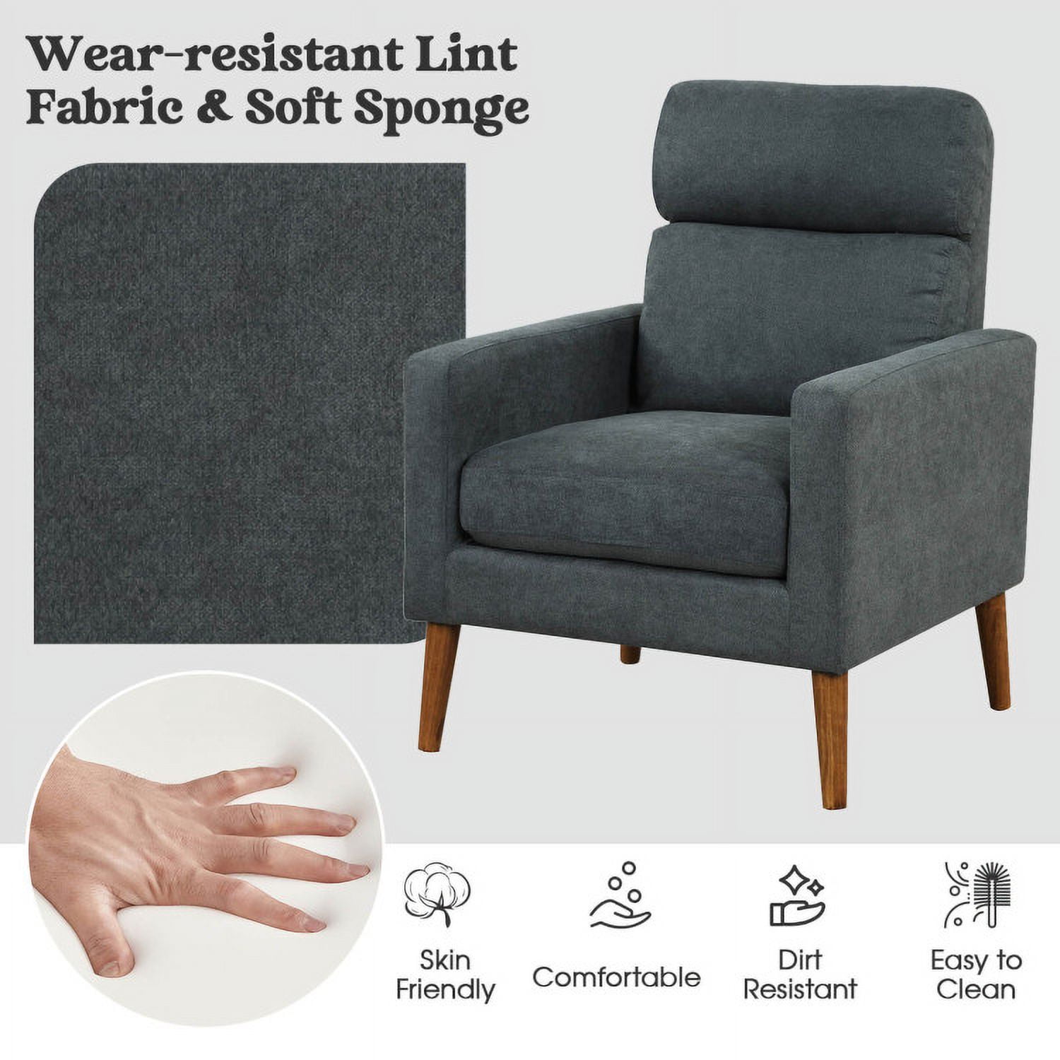 Finihen Upholstered Accent Armchair, Lint Fabric Modern Accent Chair with Solid Wood Legs, for Living Room, Bedroom, Gray
