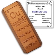 1 lb Copper Bar Ingot Paperweight - 999 Pure Chemistry Element Design with Certificate of Authenticity by Mint State Gold