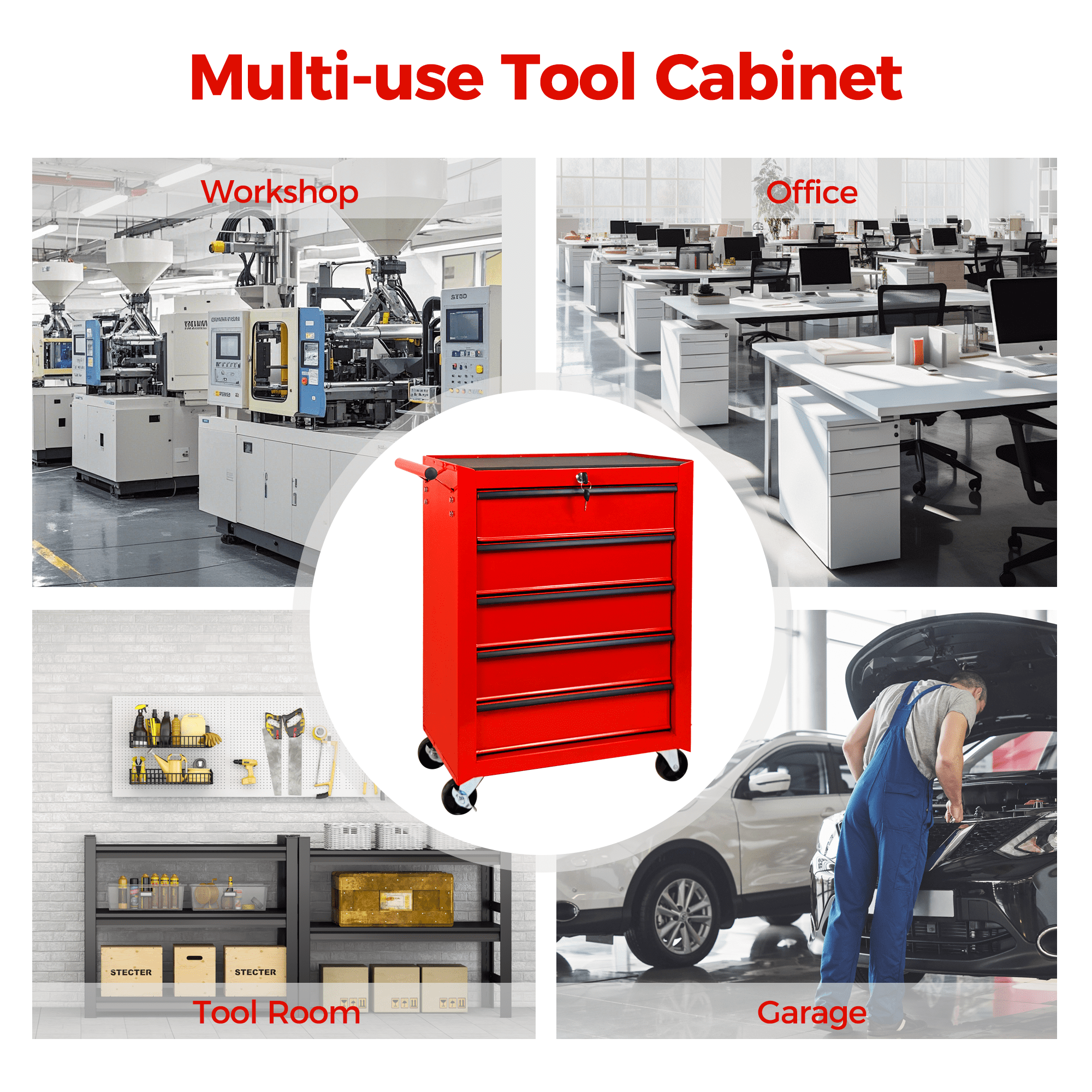 Rolling Metal Tool Chest,20 Inch 5-Drawer Tool Storage Cabinet with Lockable Casters & Steel Top Work Surface, Removable Tool Box, Mobile Tool Cart Organizer for Garage Workshop,Red