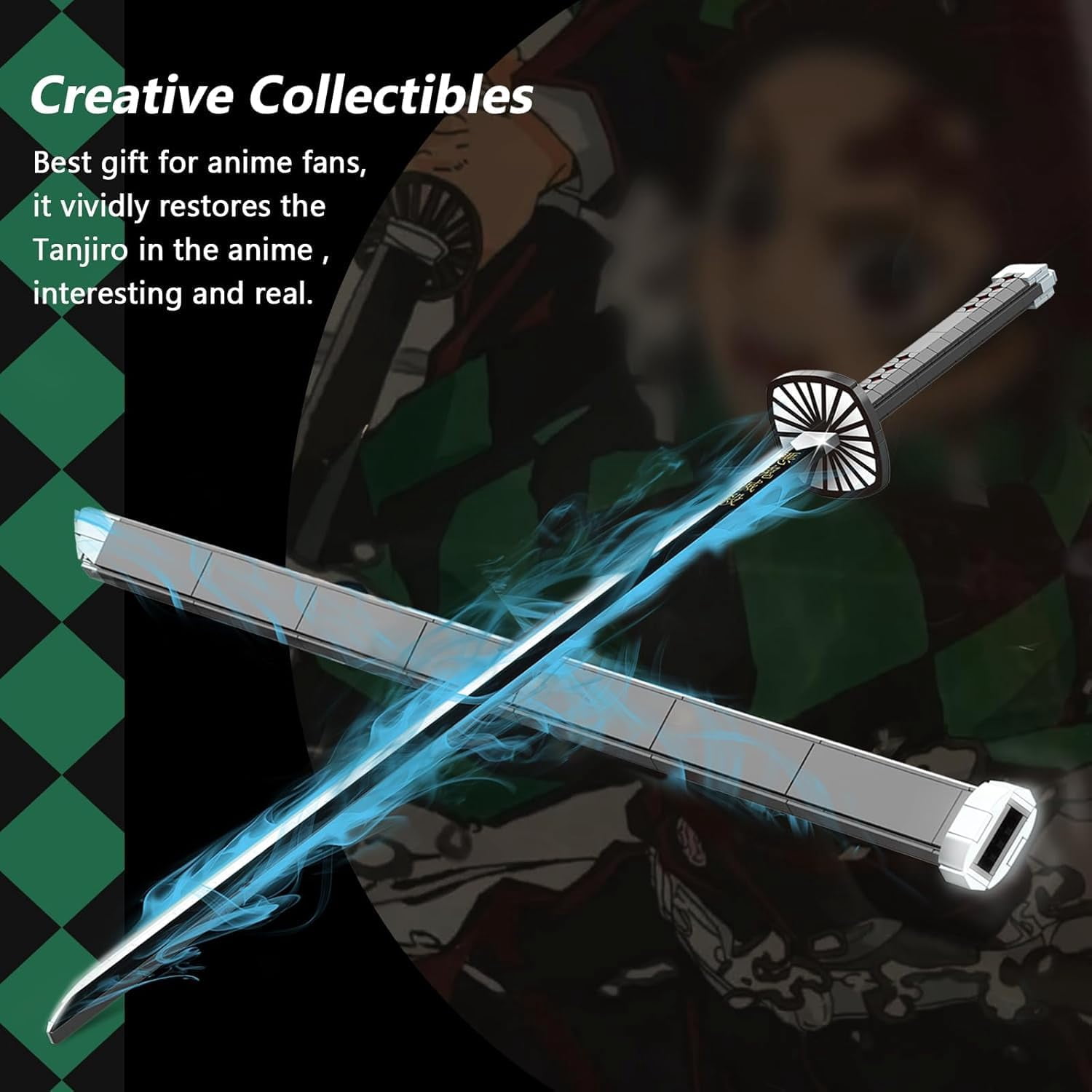 Demon Anime Sword, 39.3in Tanjirou Sword Building Set with Scabbard and Stand, Cosplay Anime Katana Sword Building Blocks