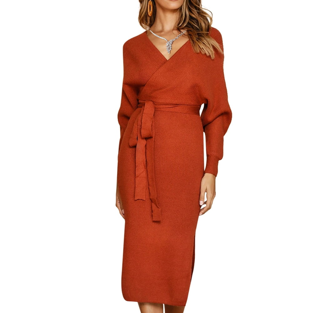 Bellella - Fashion Winter Women Long Sleeve Casual V-Neck Sweater Midi Dress Ladies Slim Fit 