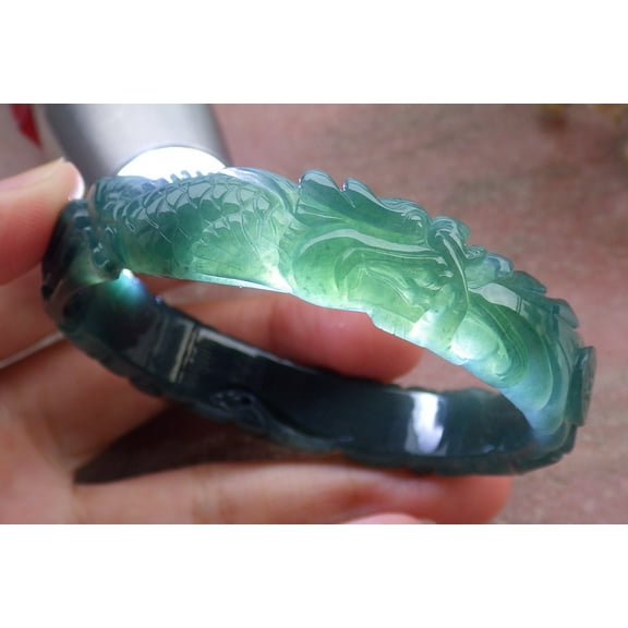 Certified Icy Green Burma 100% Natural A JADE Jadeite Dragon Fish Coin Ruyi Leaf Bangle Bracelet 56 mm 673423 TN