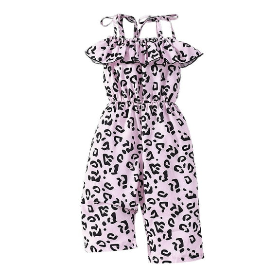 Vividxx Girls Romper Jumpsuit Toddler Summer Leopard Print Strappy Waistband Ruffled Hem Playful Onesie For Casual Outdoor Party Travel O-Neck Fashionable Dailywear