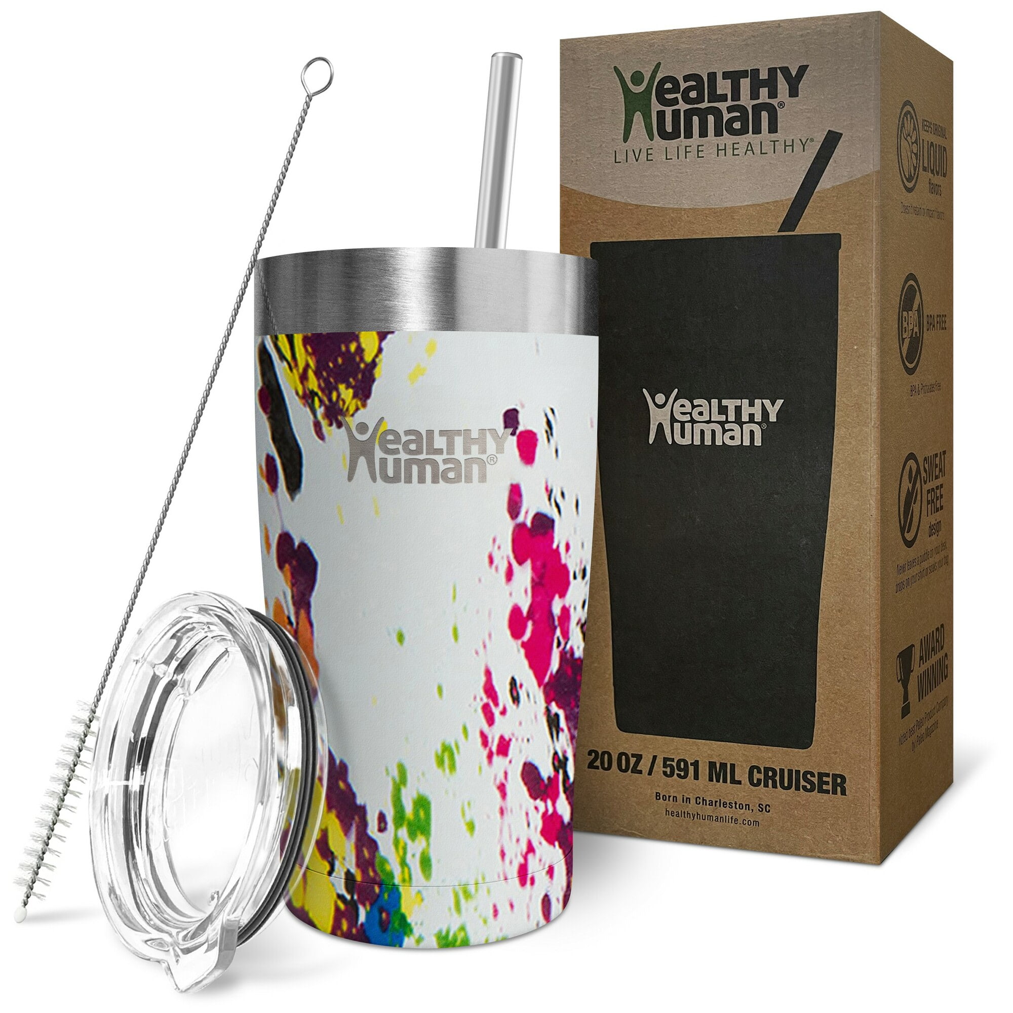 Healthy Human Stainless Steel Tumbler with Straw & Lid | Splash Proof Insulated Travel Cup | Eco-Friendly Coffee Tumblers | Water Cups with Straws Cleaner and Splash Proof Lids (20oz, Art Deco)