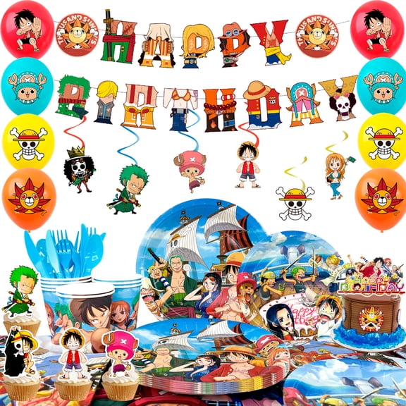 One Piece Birthday Party Supplies, 117pcs One Piece Party Decorations & Tableware Set - One Piece Banner Balloons Hanging Swirls Cake Topper Plates Cups etc One Piece Birthday Decorations for Kids