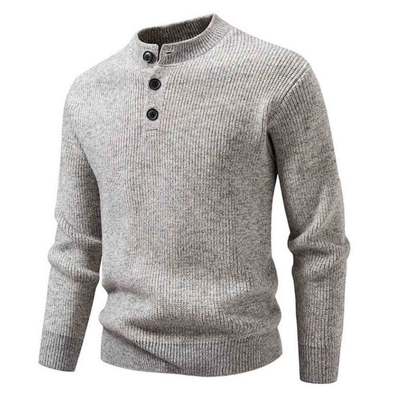 OGLCCG Mens Henley Knit Sweater Stretch Long Sleeve Quarter Button Crewneck Pullover Sweaters Casual Fall Winter Warm Soft Jumper Tops,L,Gray
