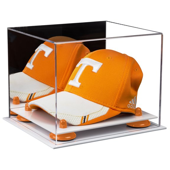 Acrylic Baseball Hat or Cap Display Case with Mirror, Orange Risers and White Base (A006-OR)