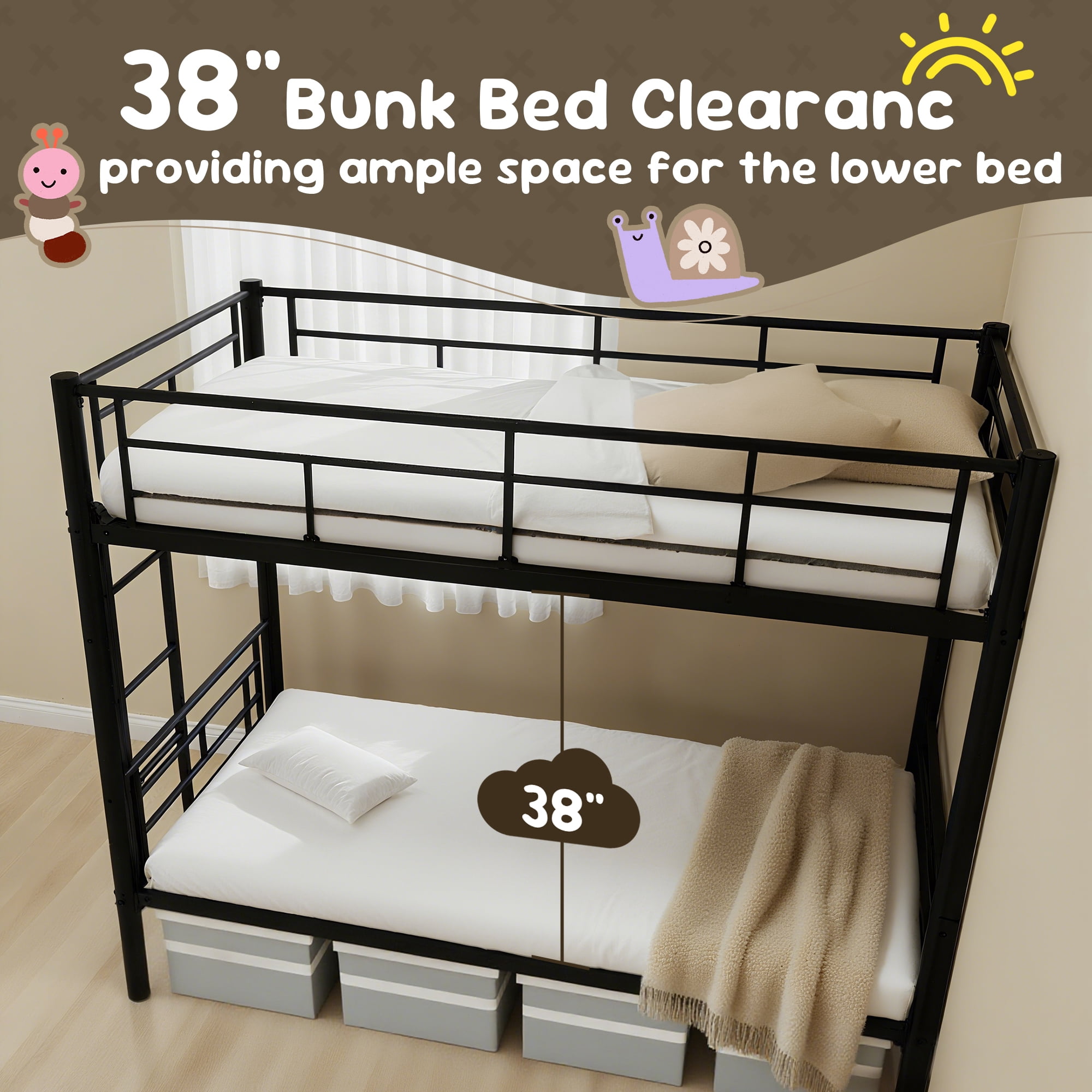 Alvantor Metal Bunk Bed Twin over Twin for Kids, Convertible 2 Beds, Heavy Duty Bed Frame with Under-Bed Storage for Bedroom Black